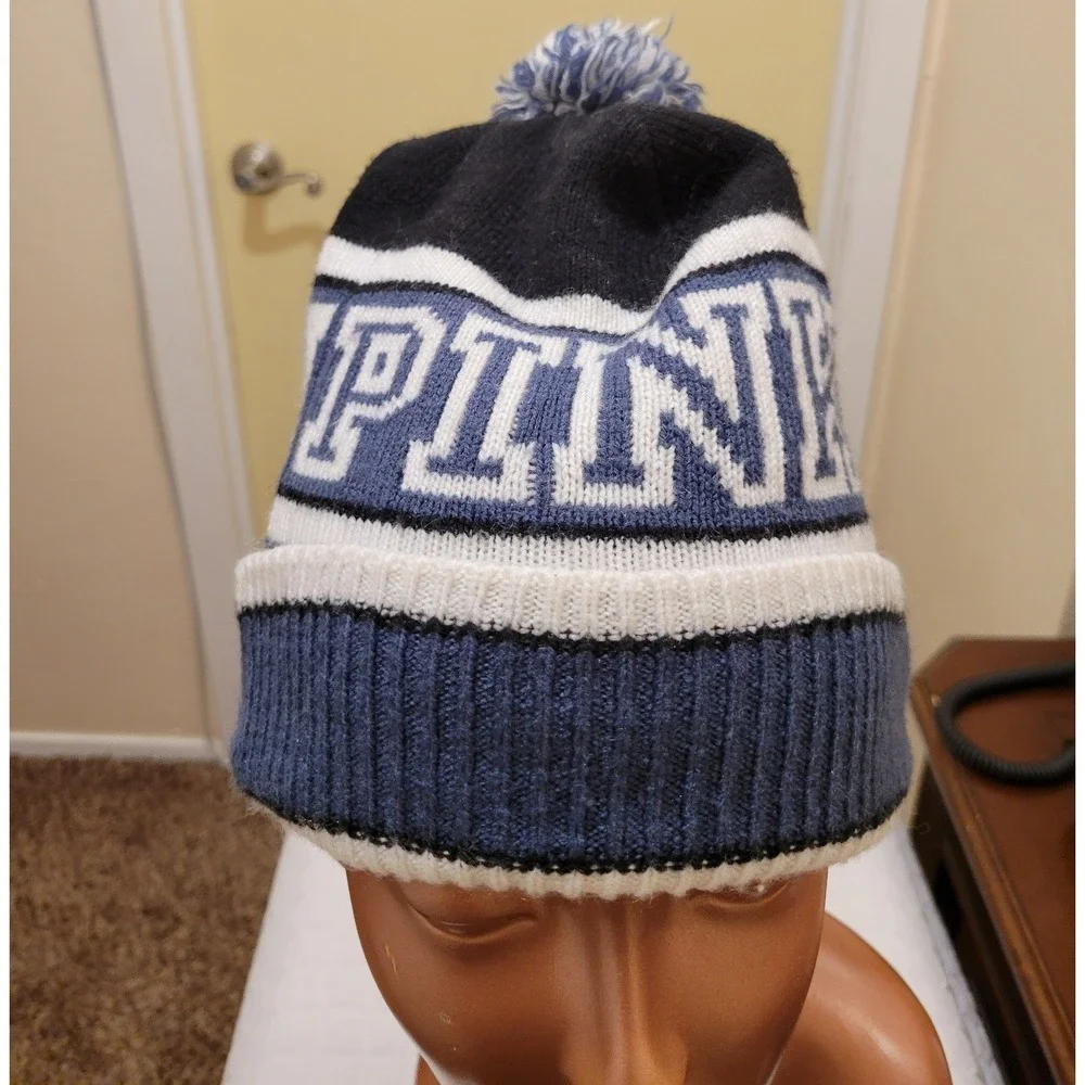 Victorias Secret PINK Nation Blue White Black Pom Pom Beanie Cozy Hat Snow Bunny